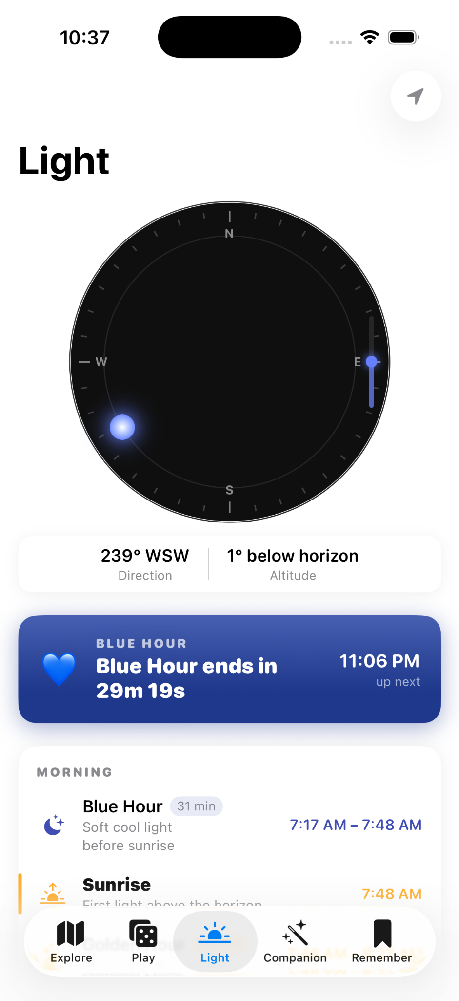 Light compass and blue hour countdown